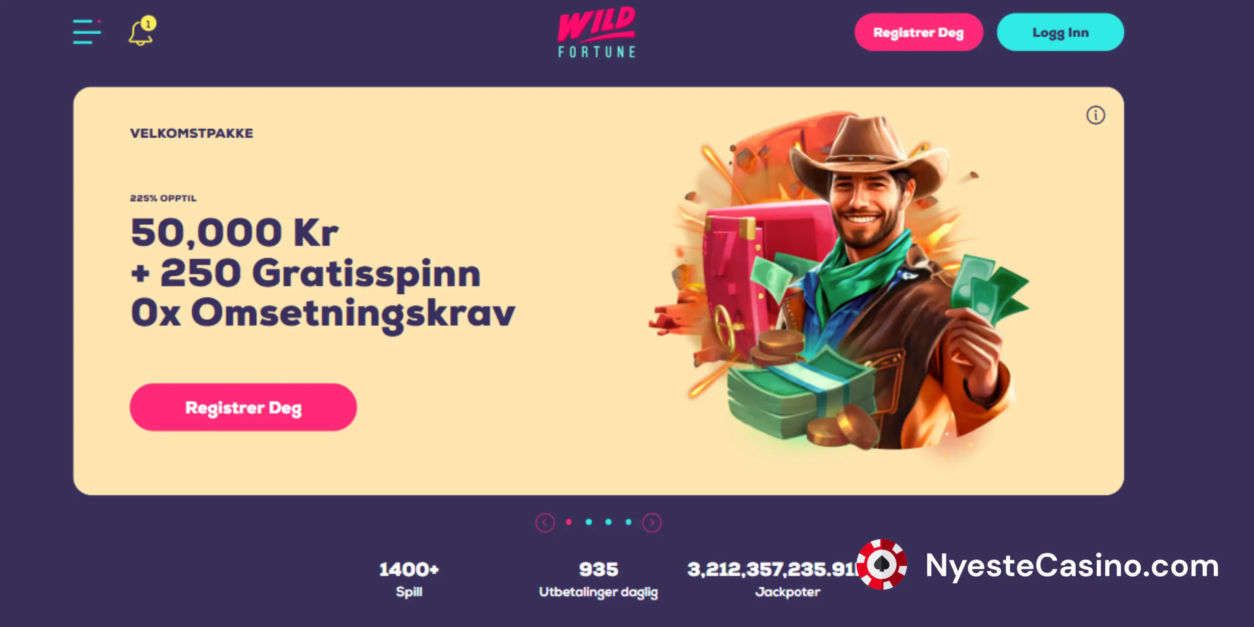 Wild Fortune-velkomstbonus med 225 % opptil 50 000 kr og 250 gratisspinn.