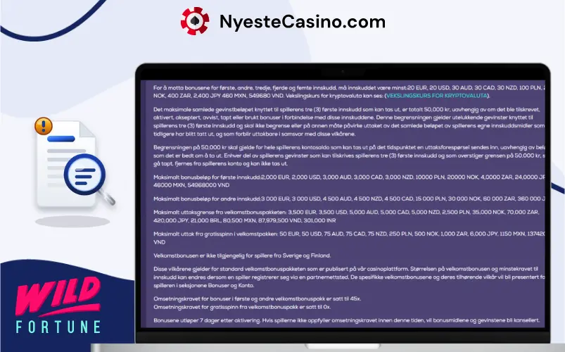 Laptop med detaljert informasjon om bonusvilkår og omsetningskrav.