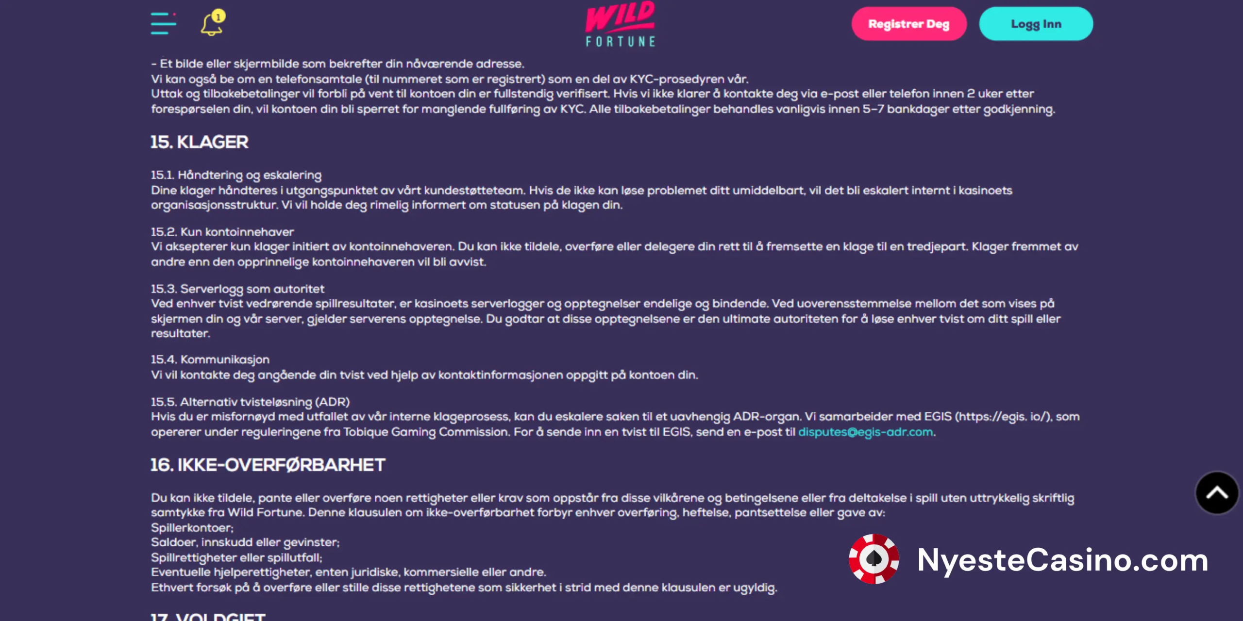 Klageside med informasjon om intern behandling og alternativ tvisteløsning Wild.