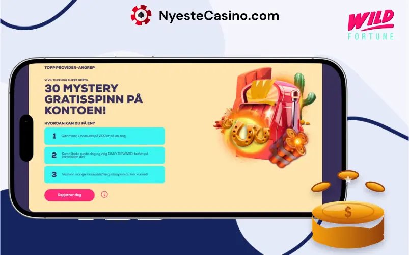 Mobil med tilbud om 30 mystiske gratisspinn.