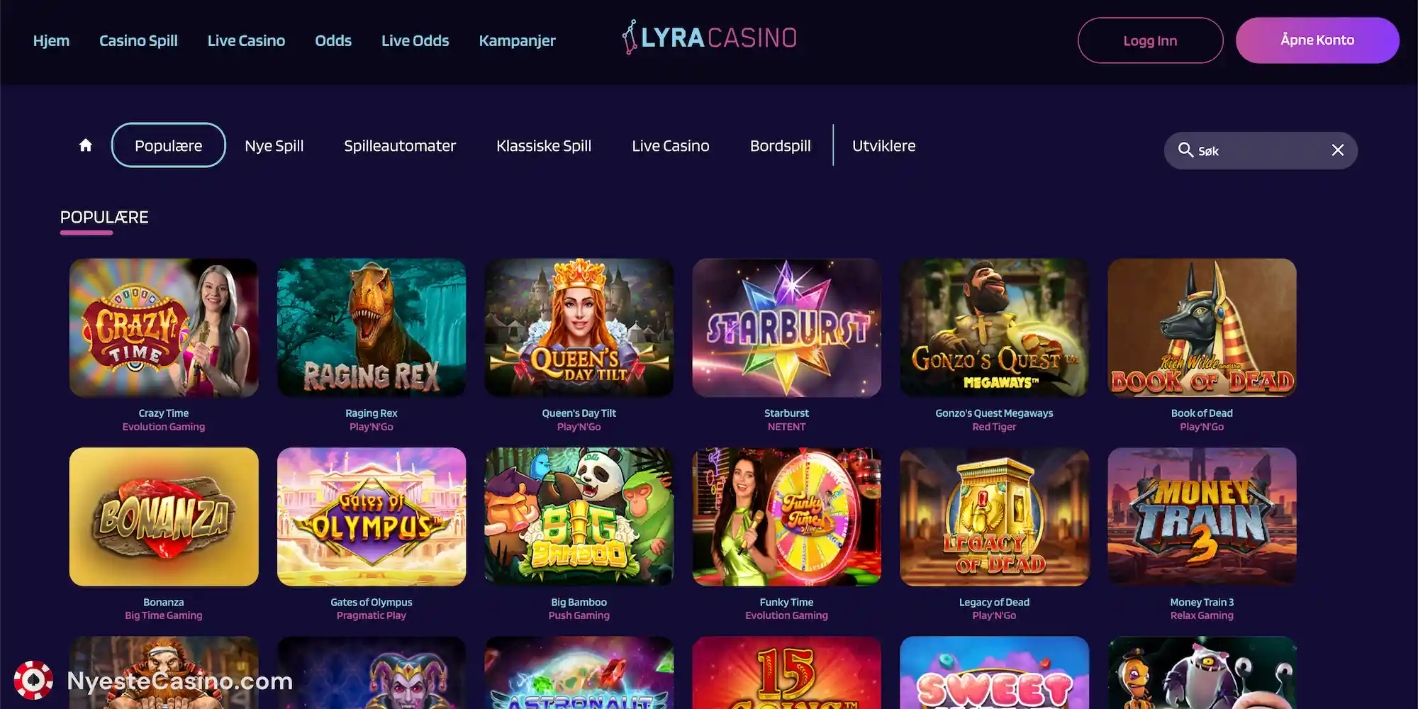 Spill og spilleverandører hos Lyra Casino