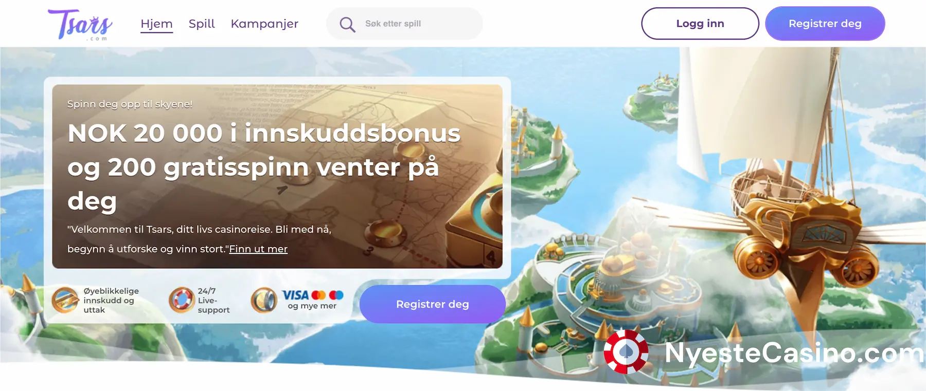 Tsars casino-forside med svevende øyer og registreringsknapp
