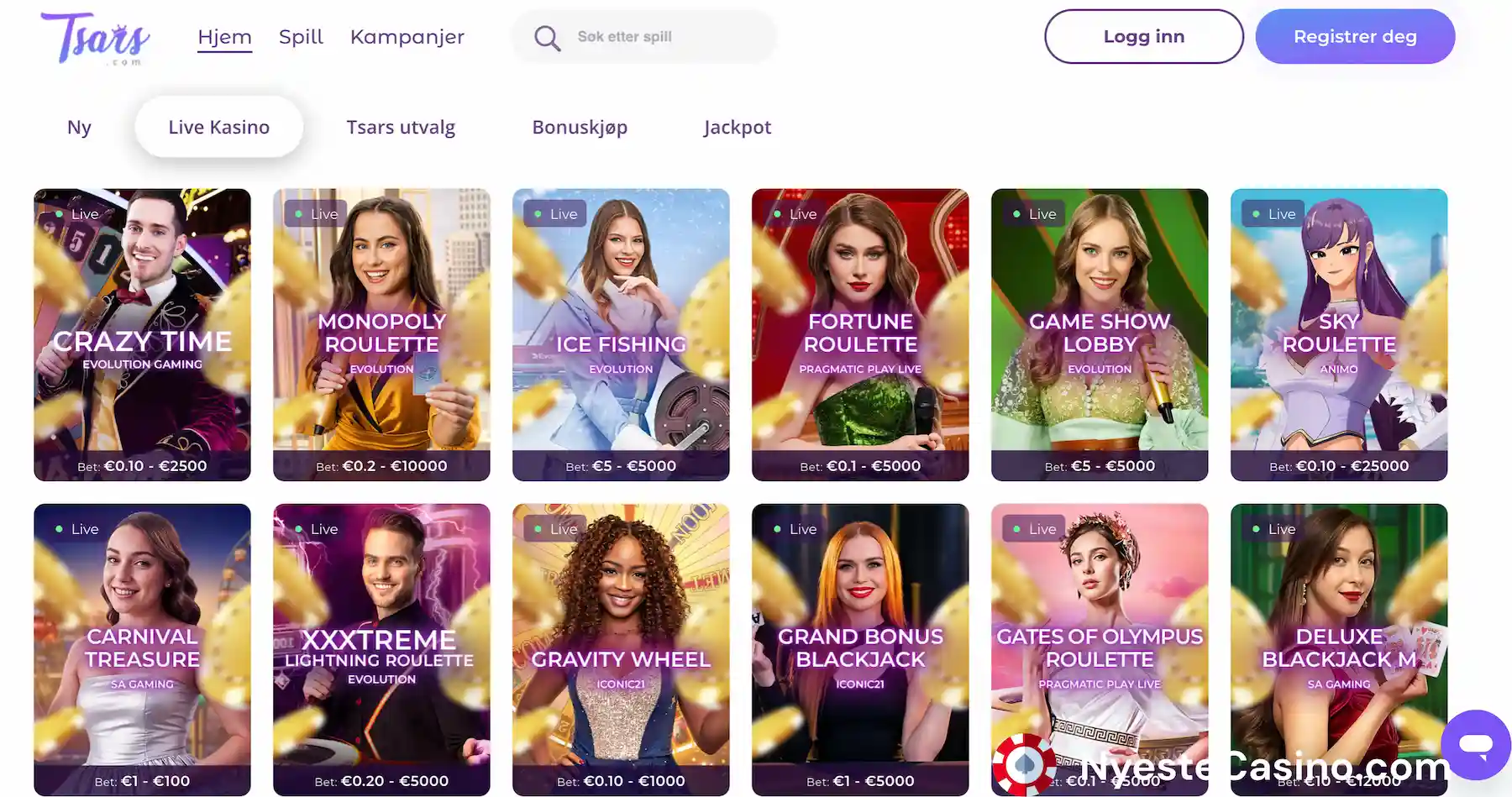Tsars live casino-side med populære bordspill og registreringsknapp