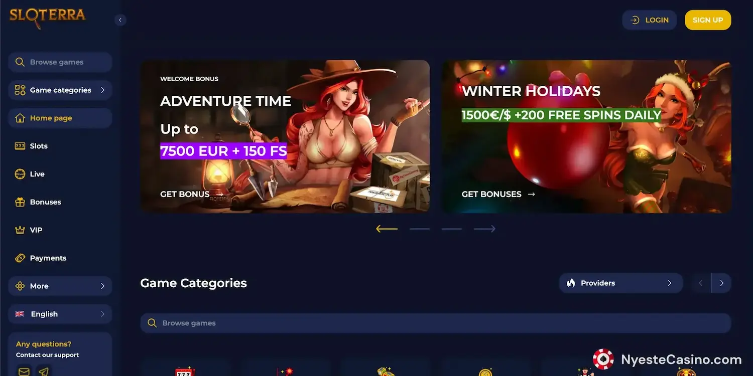Sloterra Casino med velkomstbonus, vinterkampanje og oversikt over spillkategorier.