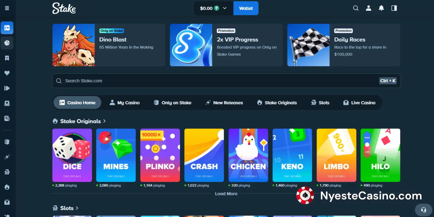 Stake Casino-hjemmeside med sine originale spill.