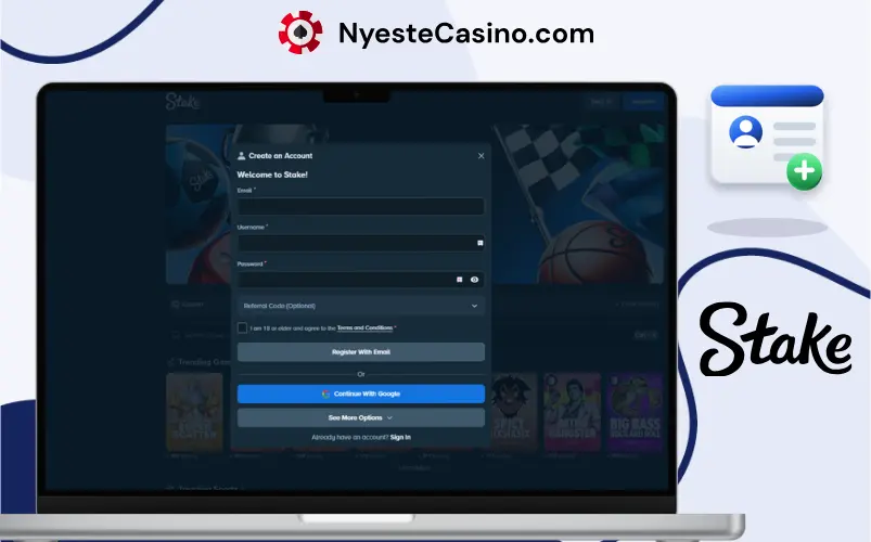 Steg-for-steg-guide til registrering hos Stake Casino, vist på PC.