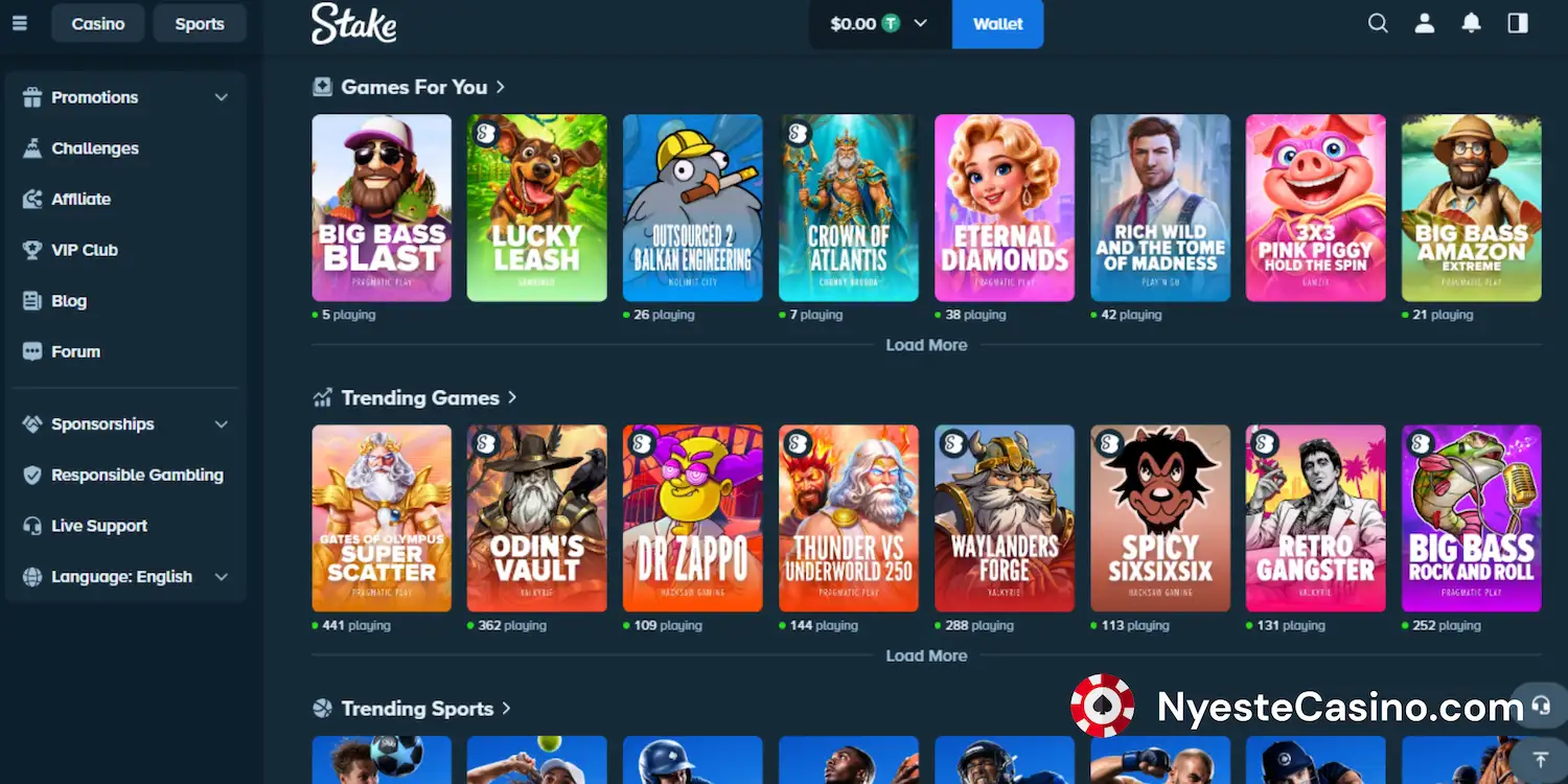 Spillene hos Stake Casino mot en blå bakgrunn.