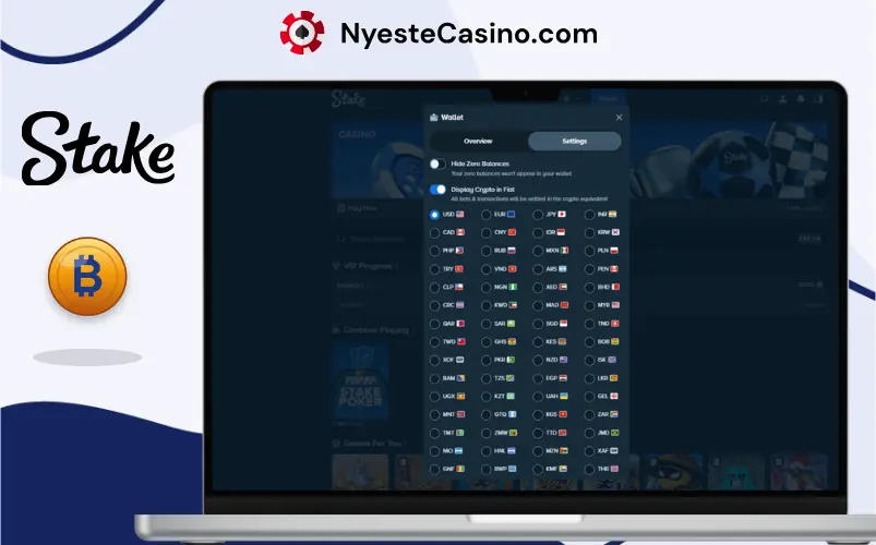 Valutaalternativer hos Stake på en bærbar PC.
