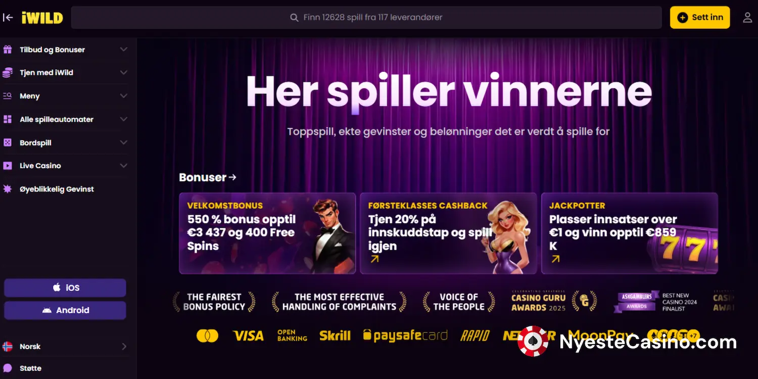 iWilds hovedside med en meny og et banner.