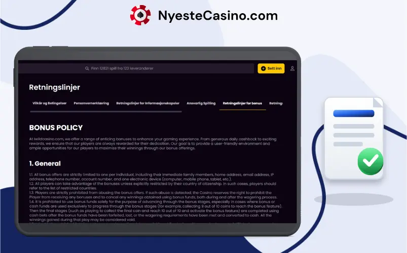 Bonuspolicy for iWild Casino på et nettbrett.