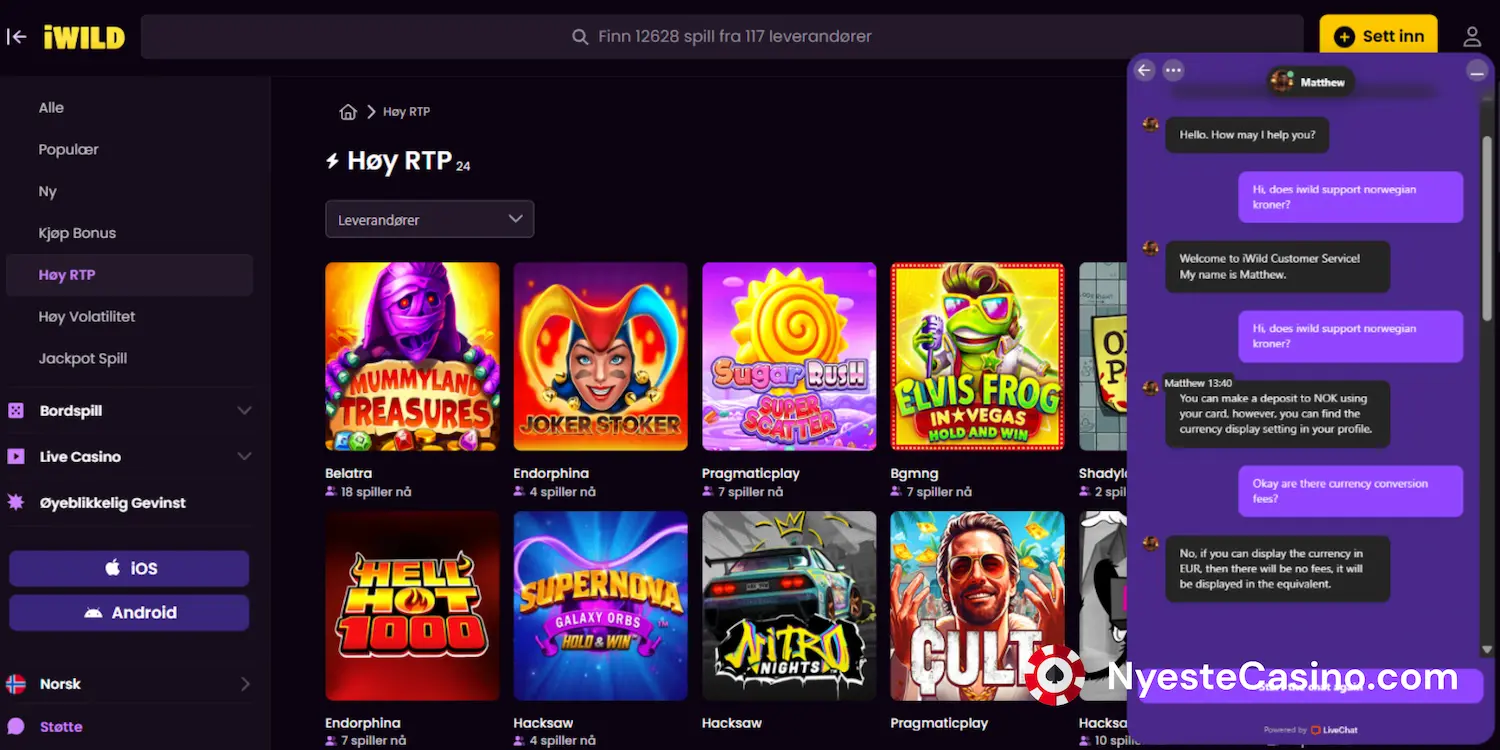 iWild Casino live chat-samtale.