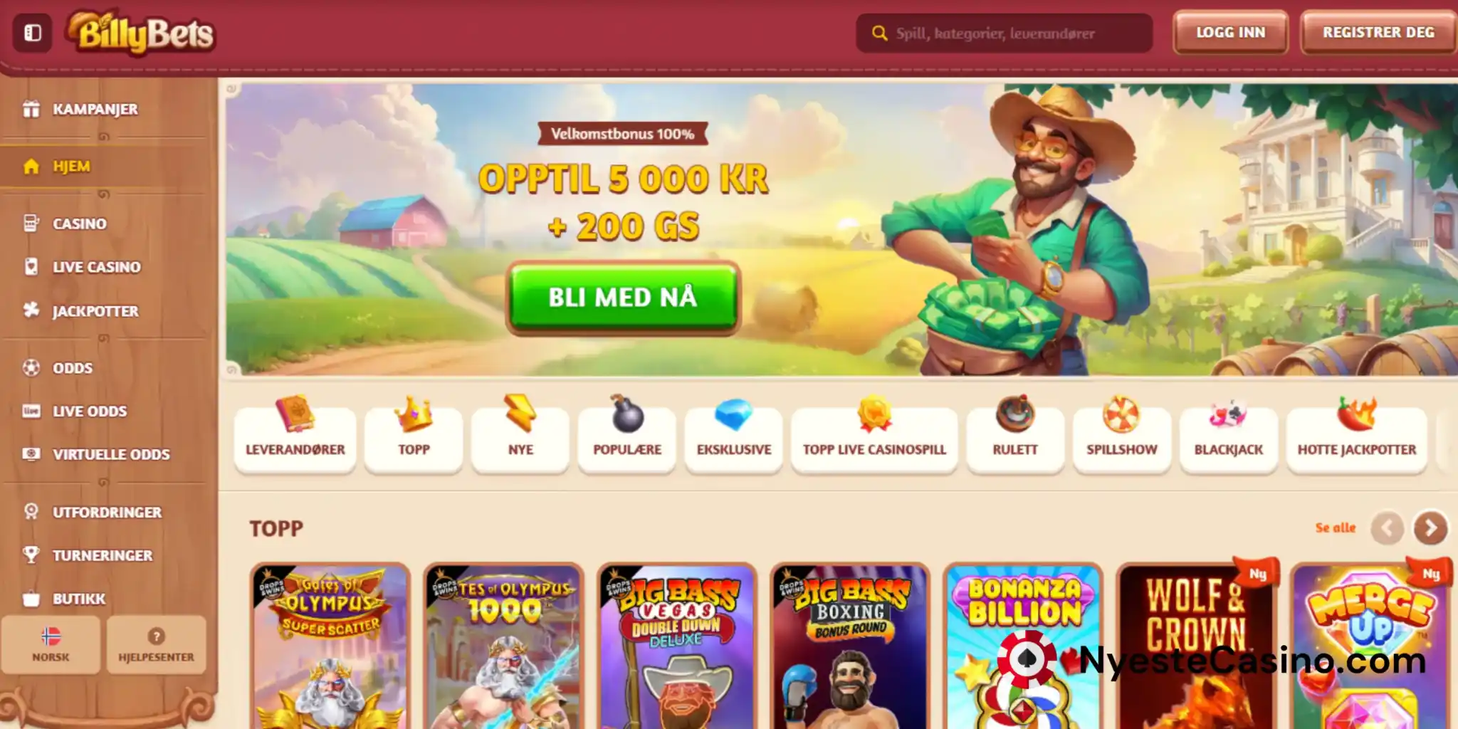 BillyBets hjemmeside mot en gul bakgrunn.