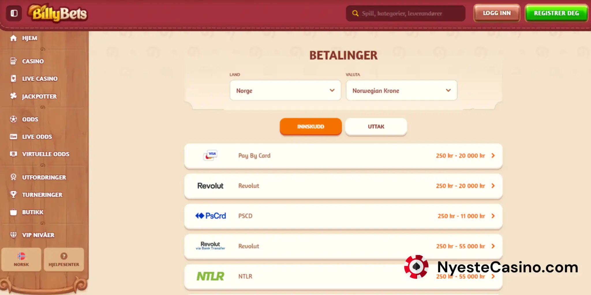 Innskuddsalternativene hos BillyBet Casino mot en gul bakgrunn.