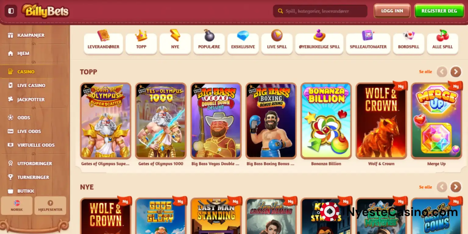 Spillutvalget hos BillyBet Casino med en meny.