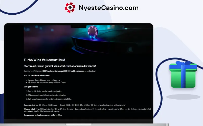 Siden med velkomsttilbudet hos Turbo Wins på en bærbar PC.