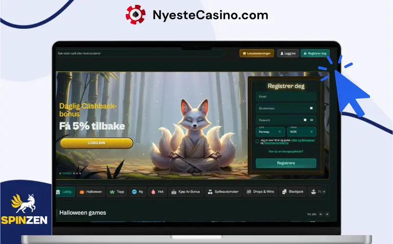Registreringsskjema hos Spinzen Casino vist på PC med cashback-bonus og registreringsknapp.