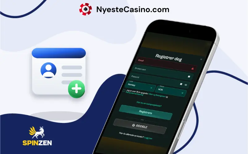 Registreringsskjema for Spinzen Casino vist på en mobilskjerm.