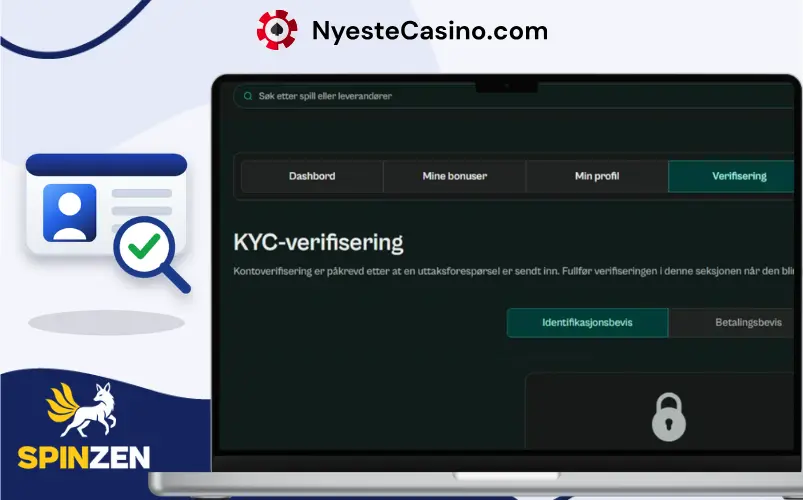 KYC-verifiseringsside hos Spinzen Casino på bærbar datamaskin.