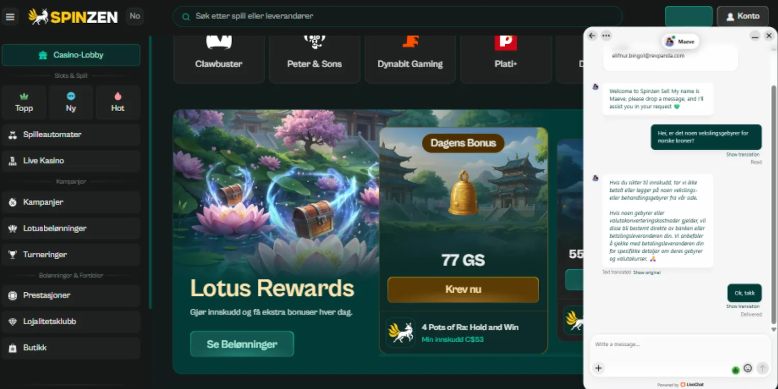 Spinzen sin casino-lobby med Lotus Rewards og live chat-support.