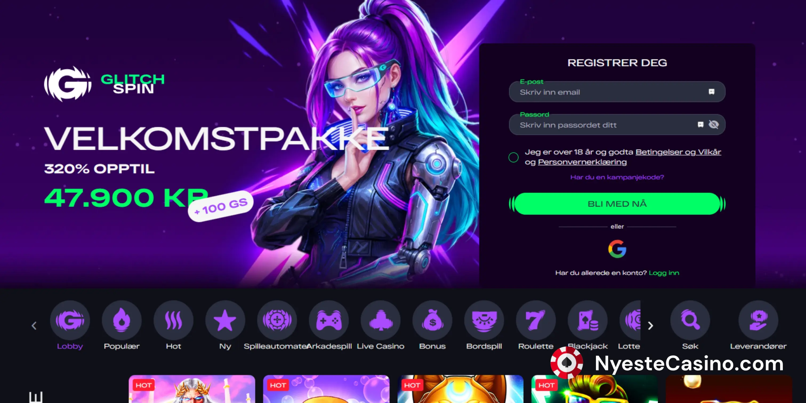 Glitchspin hovedside på et banner.