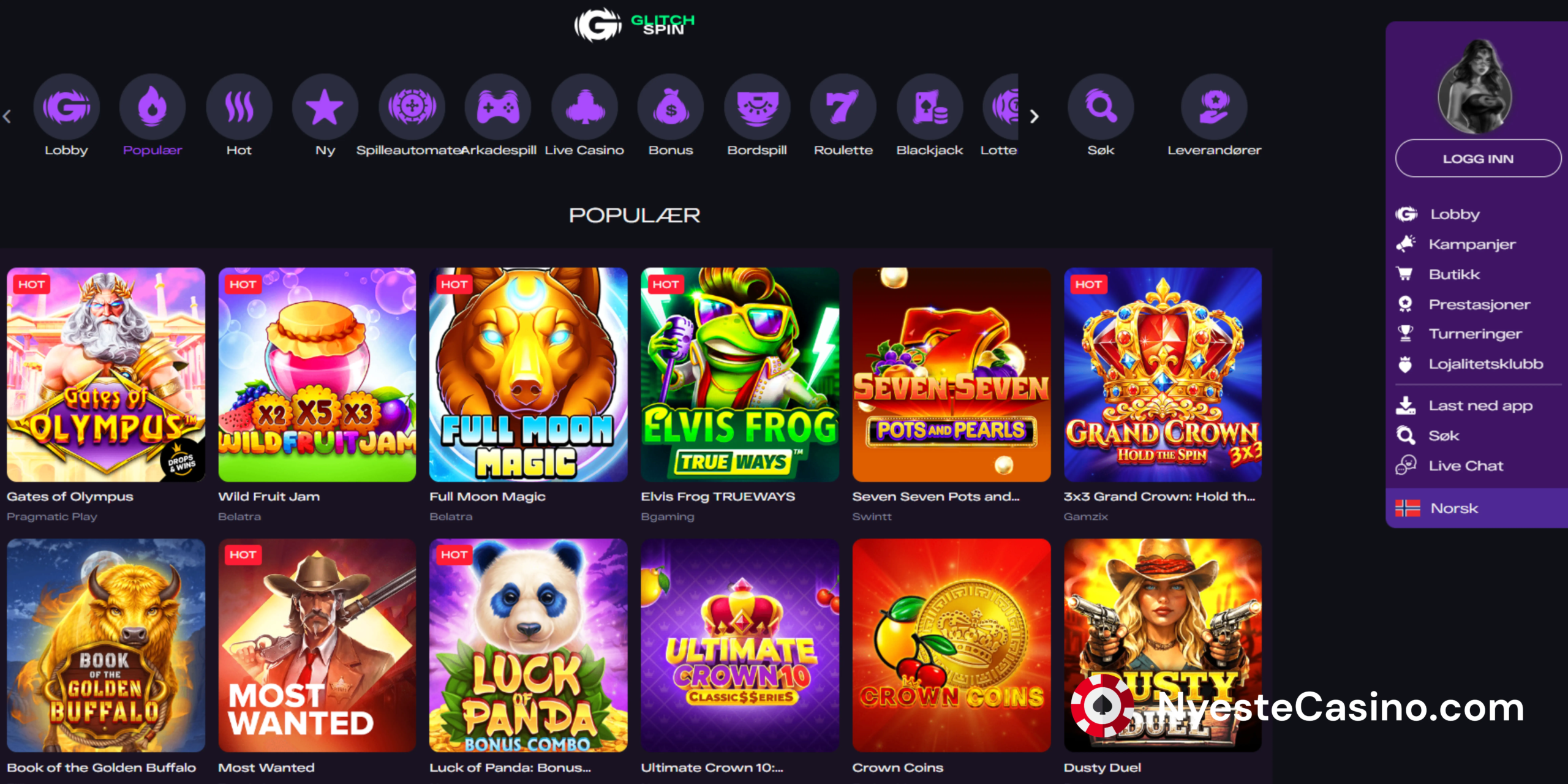 Glitchspin casinospill på et banner.