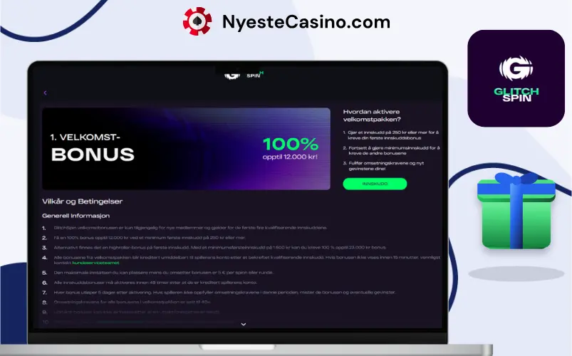 Glitchspin-velkomstbonus på en bærbar PC.