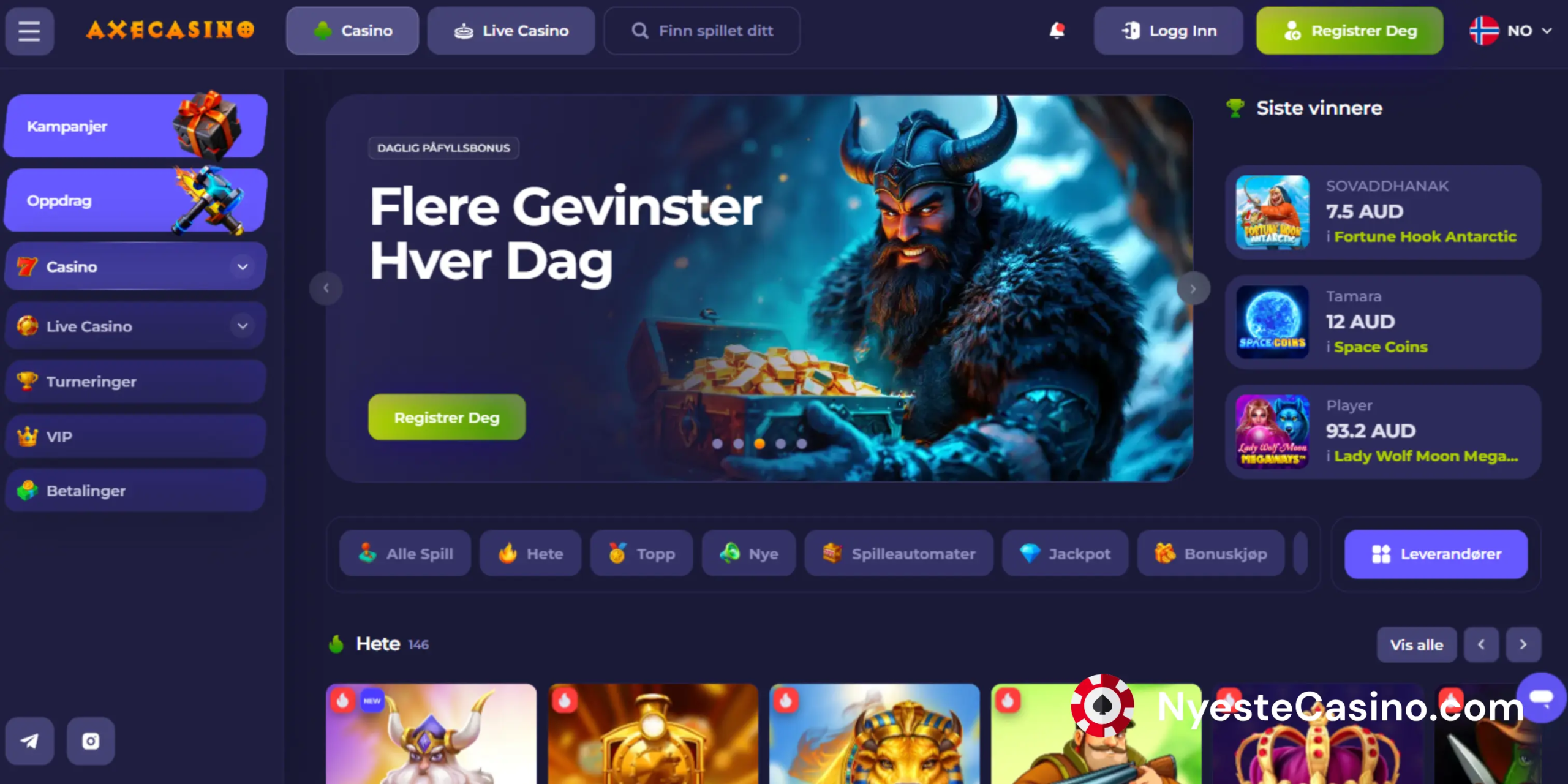 Hovedsiden til Axe Casino på et banner.