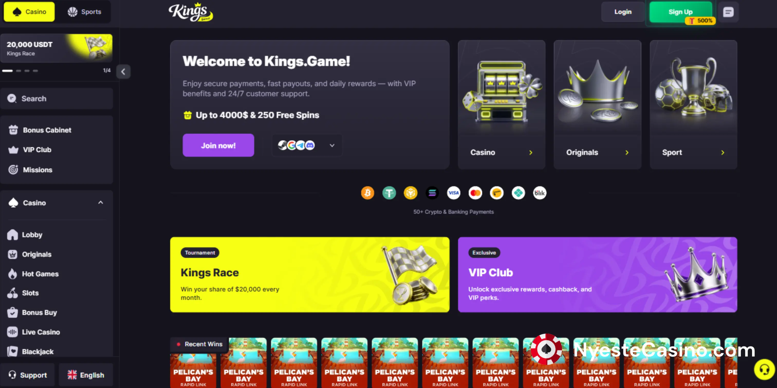 Hovedsiden til Kings Game Casino mot en mørk bakgrunn.