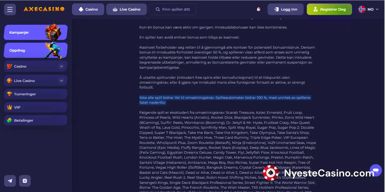 Axe Casinos bonusvilkår med spillbidrag på et mørkt banner.