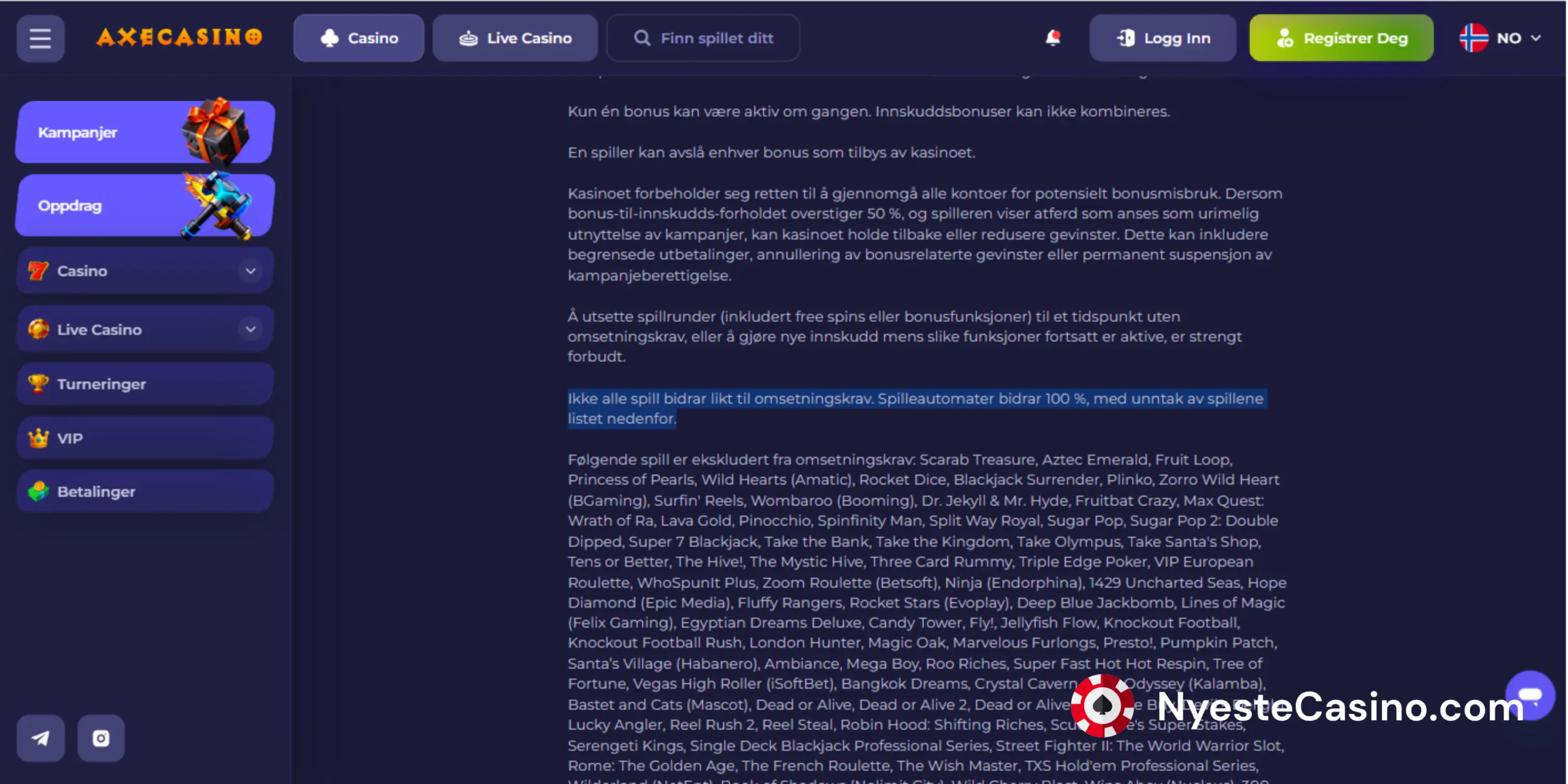 Axe Casinos bonusvilkår med spillbidrag på et mørkt banner.