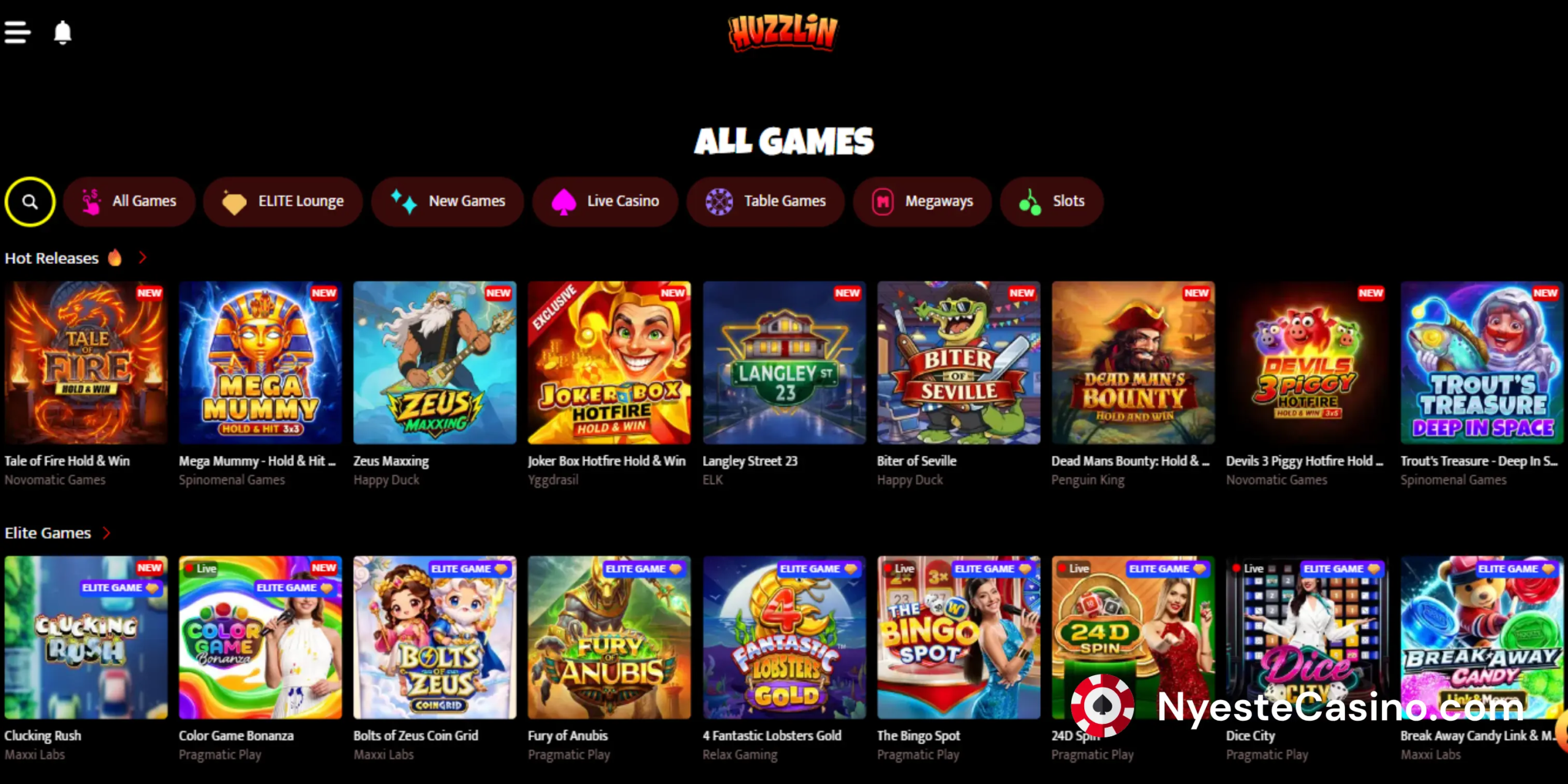 Alle spillene som er oppført hos Huzzlin Casino.