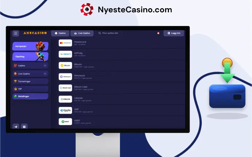 Innskuddsmetoder på en skjerm hos Axe Casino.