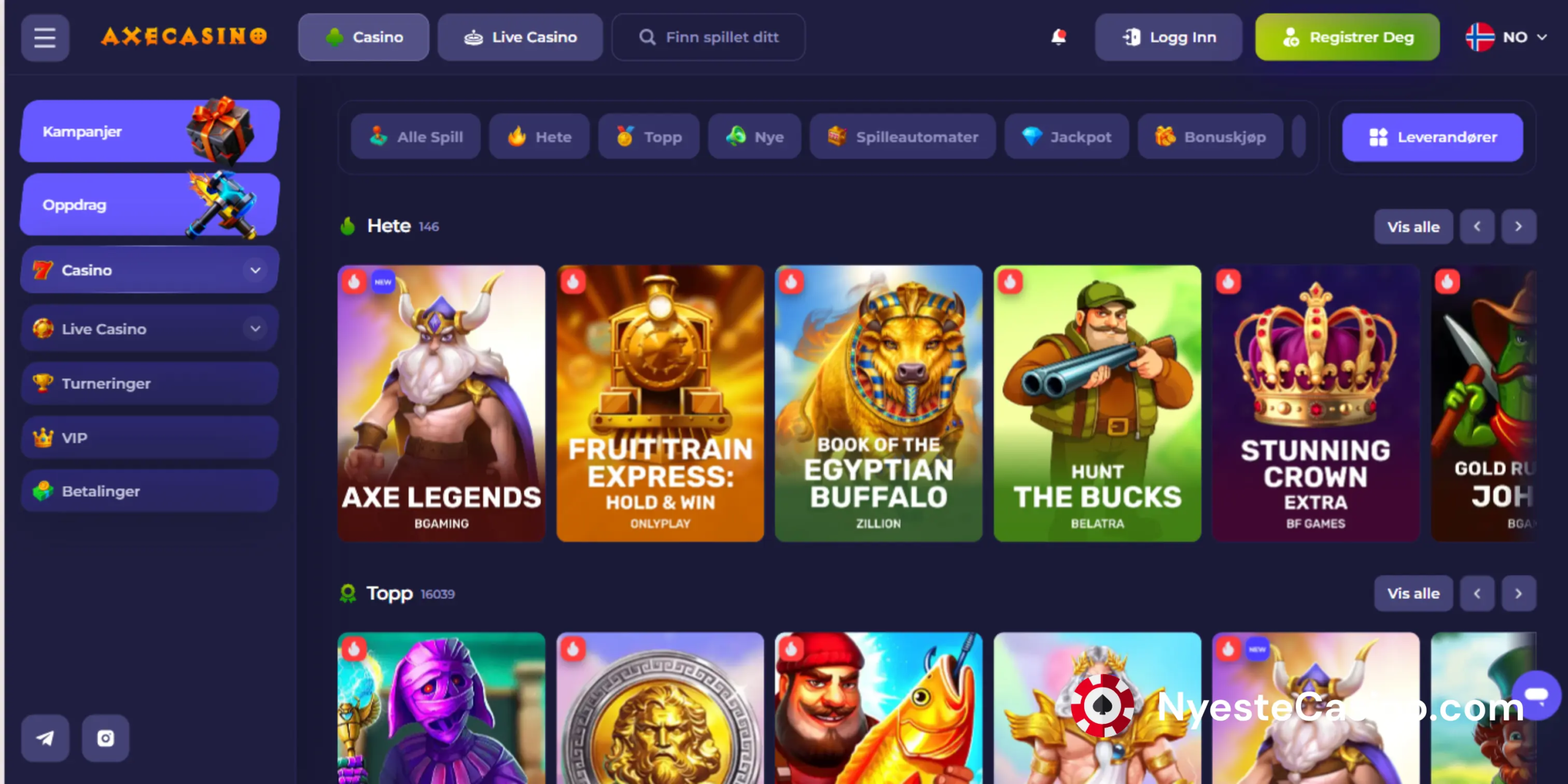 Axe Casinos spilleautomatbibliotek på et mørkt banner.