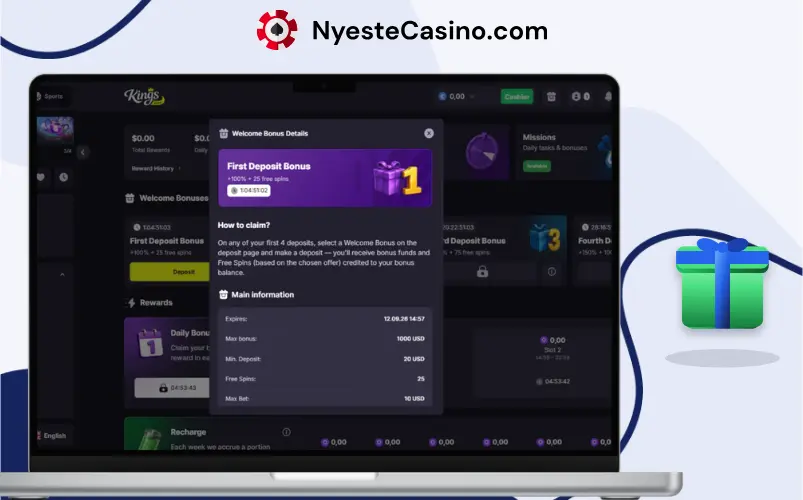 Detaljer om bonusen for første innskudd hos Kings Games Casino.