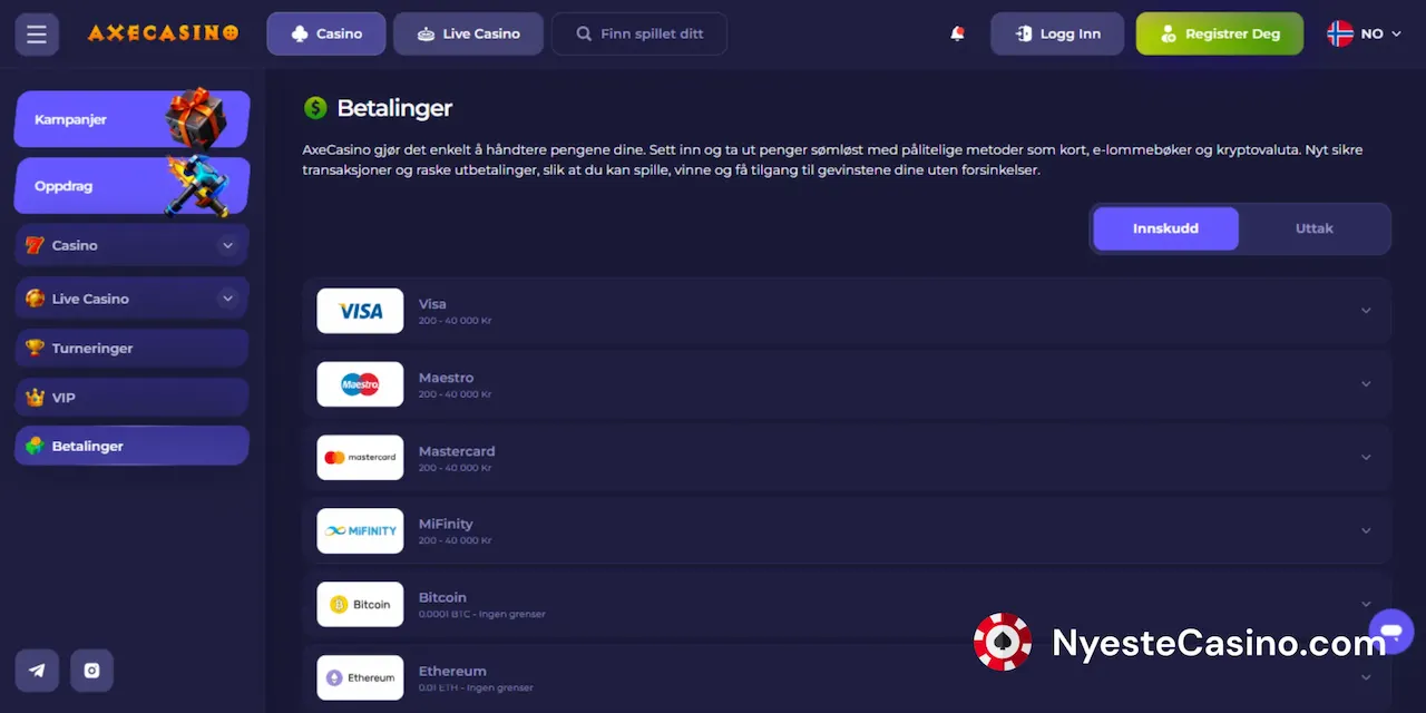 Axe Casinos betalingsmetoder på et mørkt banner.