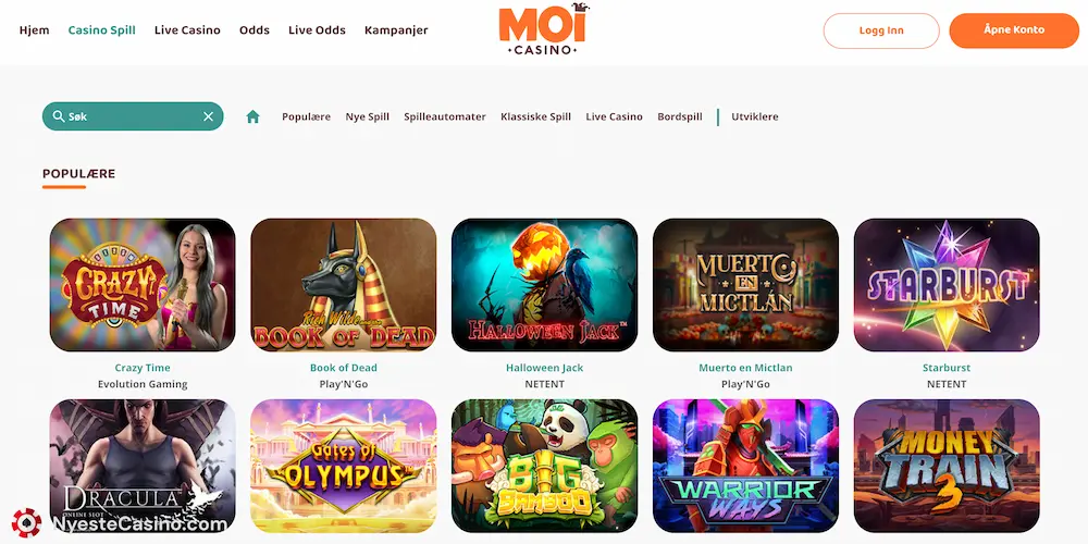 Spill og spillutviklere hos MoiCasino