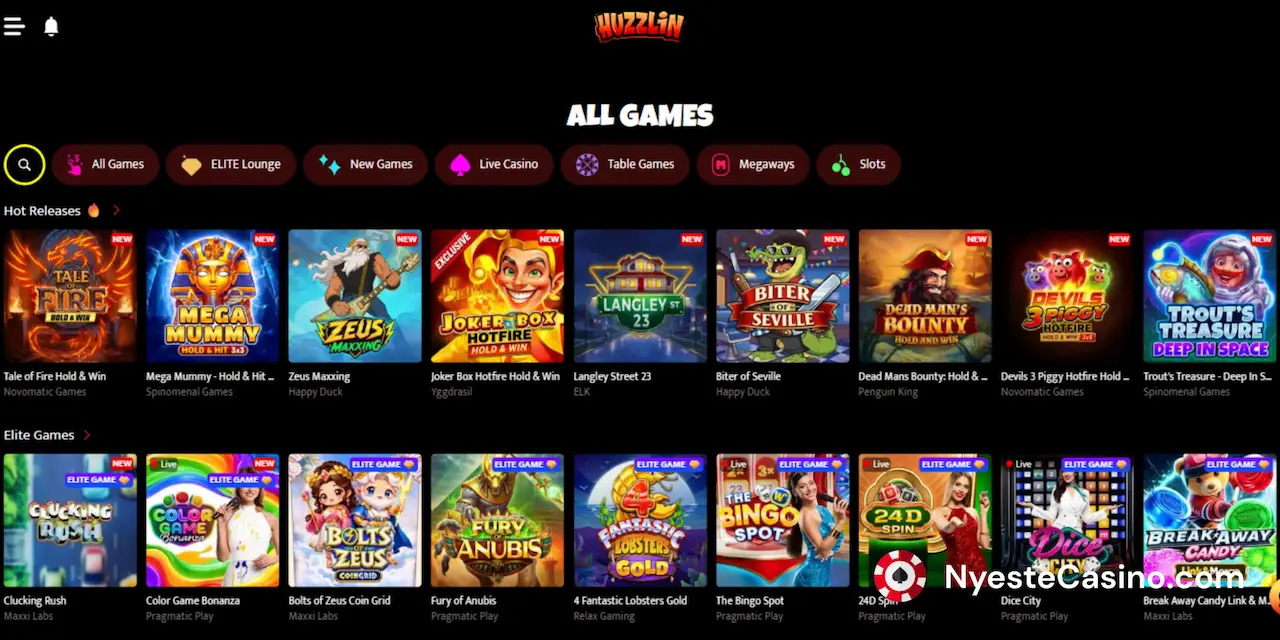 Alle spillene som er oppført hos Huzzlin Casino.