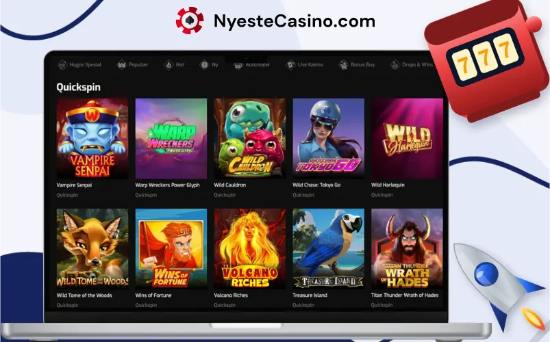 Quickspin-spill vist på en laptop med casinoikoner rundt skjermen