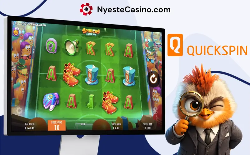 Quickspin-spill vist på en skjerm med logo og maskot ved siden av