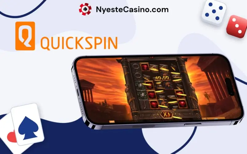Quickspin-spill vist på mobil med kort og terninger i bakgrunnen