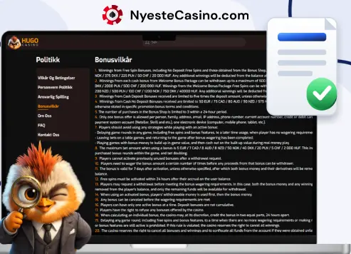Bonusvilkår vist på laptop med maskot og dokumentikon