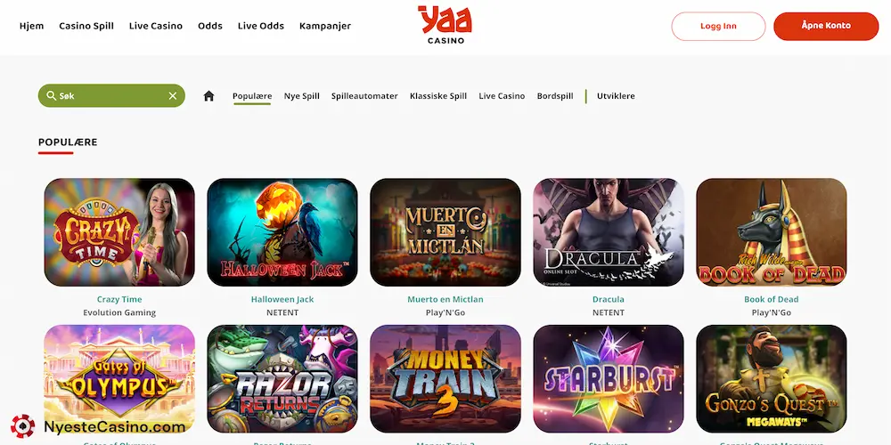 YaaCasino spill og spilleverandører