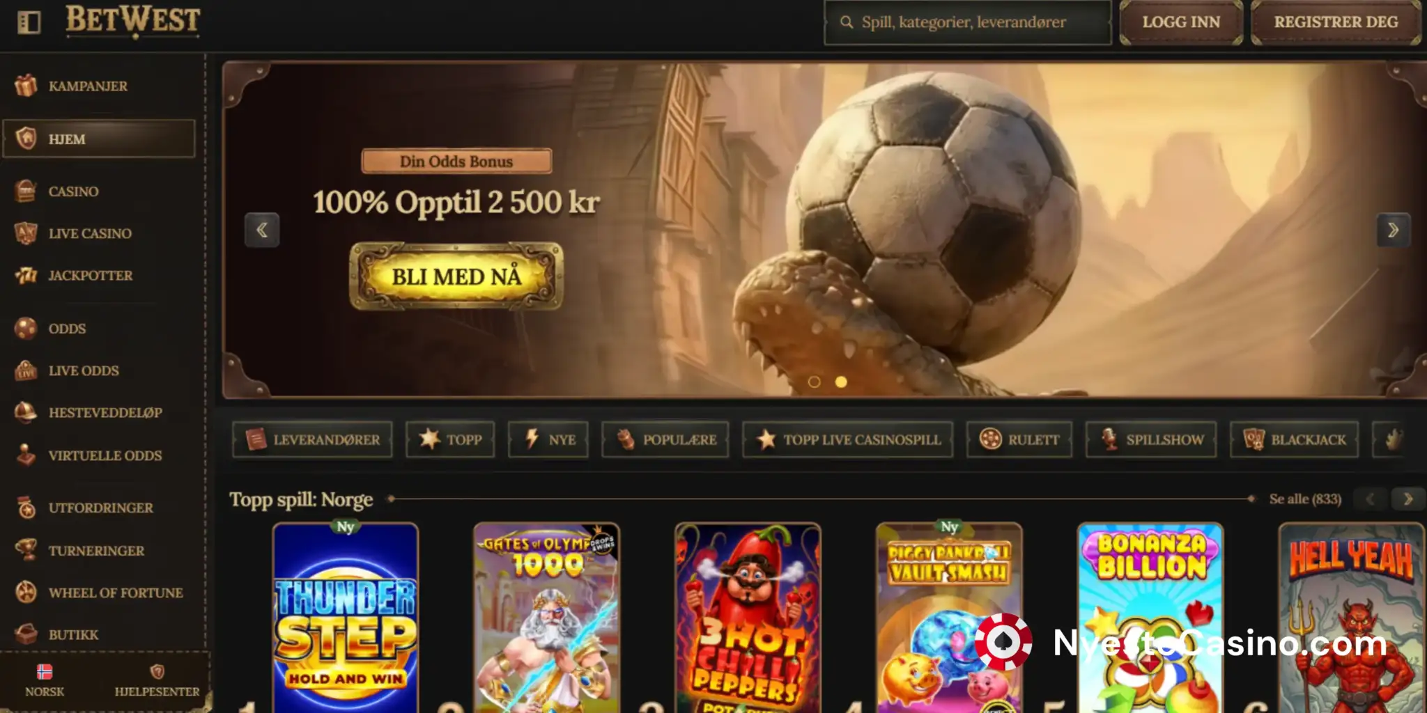 BetWest Casino hjemmeside med meny, banner og toppspill.