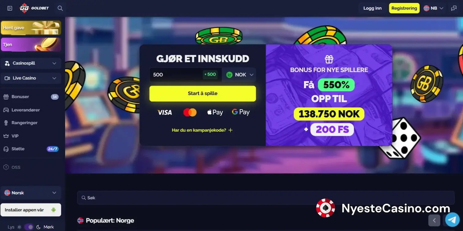 Goldbet Casino sin forsideskjerm med innskuddsbonus for nye spillere.