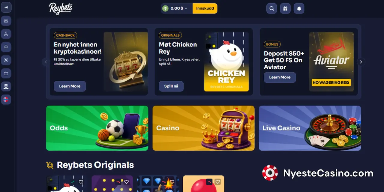 Hjemmesiden til Reybets Casino med mørk bakgrunn.