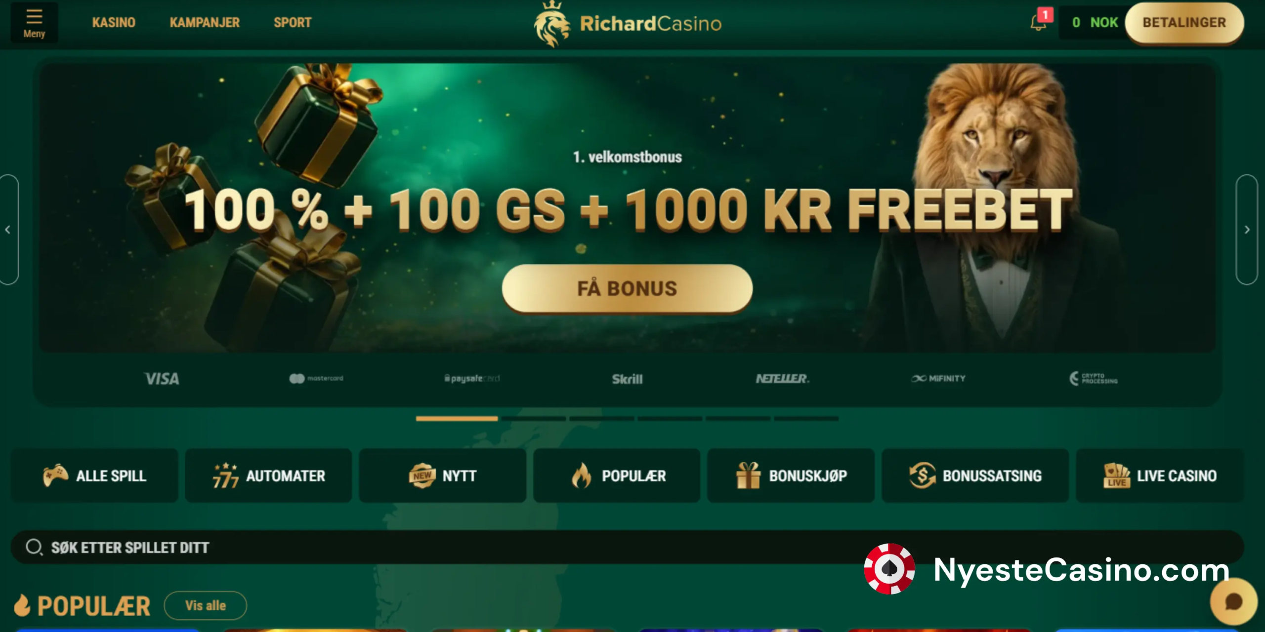 Richard Casinos hovedside på grønn bakgrunn.