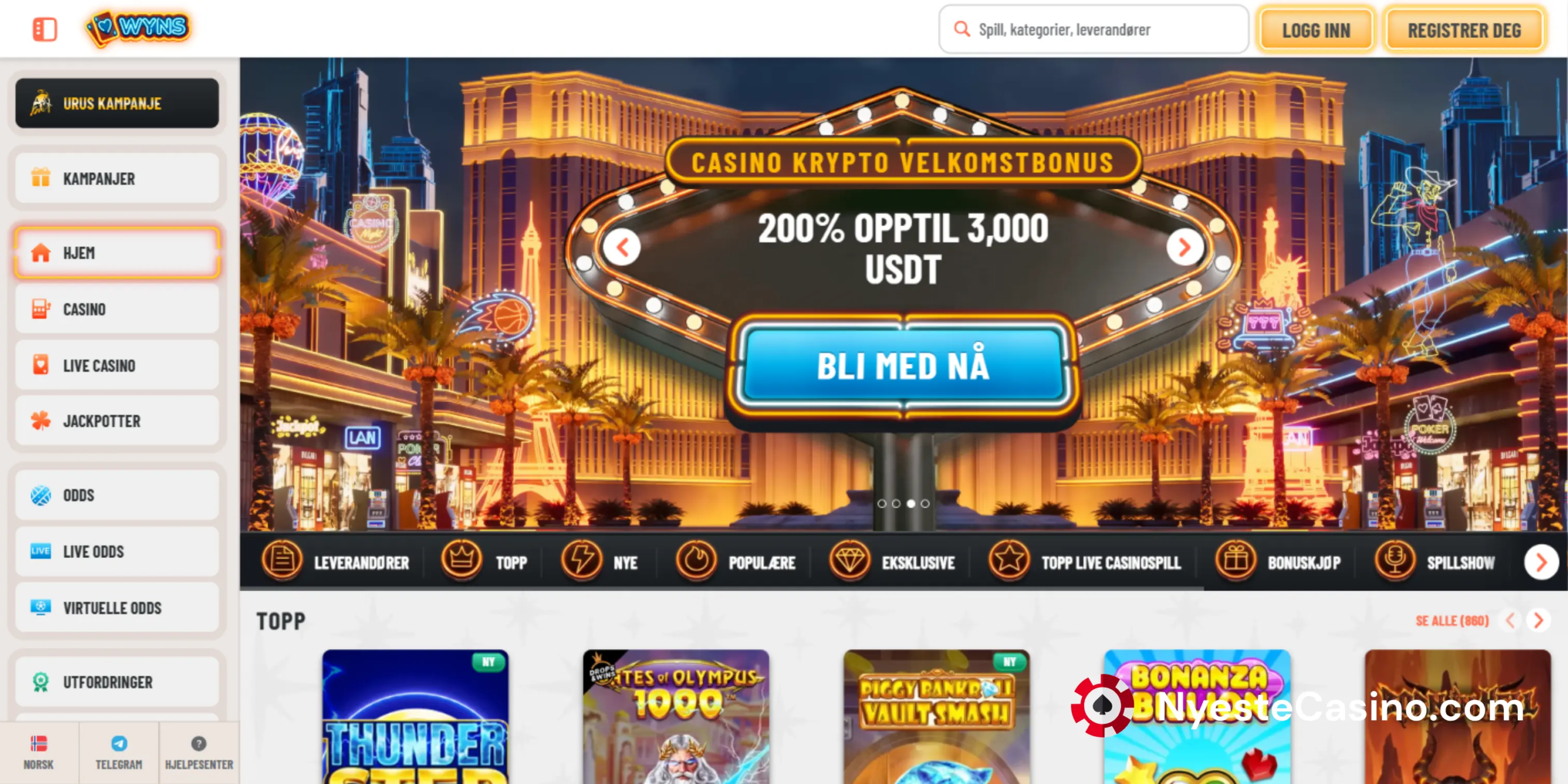 Wyns Casinos hjemmeside med banner og spill.