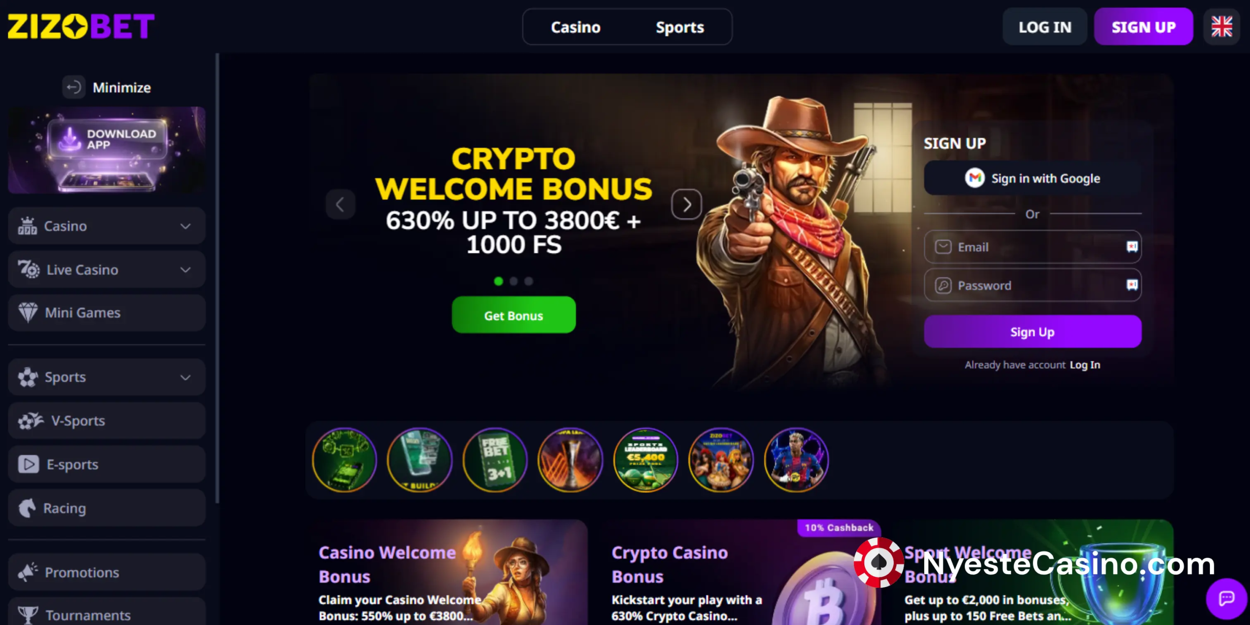 Kryptobonusbanner med meny hos Zizobet.