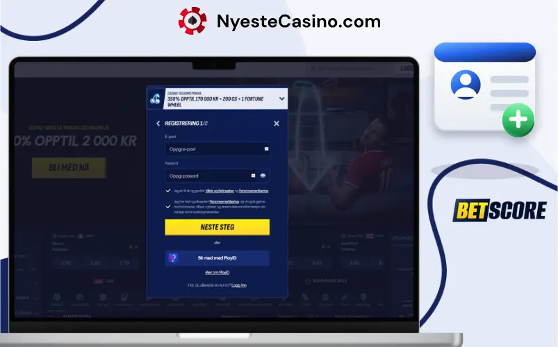 Registreringsskjema hos Betscore Casino vist på en bærbar PC med knapp for neste steg.