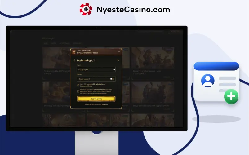 Registreringsskjema hos Betwest Casino vist på en PC-skjerm med knapp for neste steg.